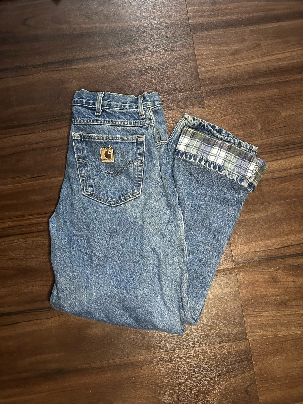 Carhartt Men’s Light Blue Straight-Leg Denim Jeans with Plaid Cuff